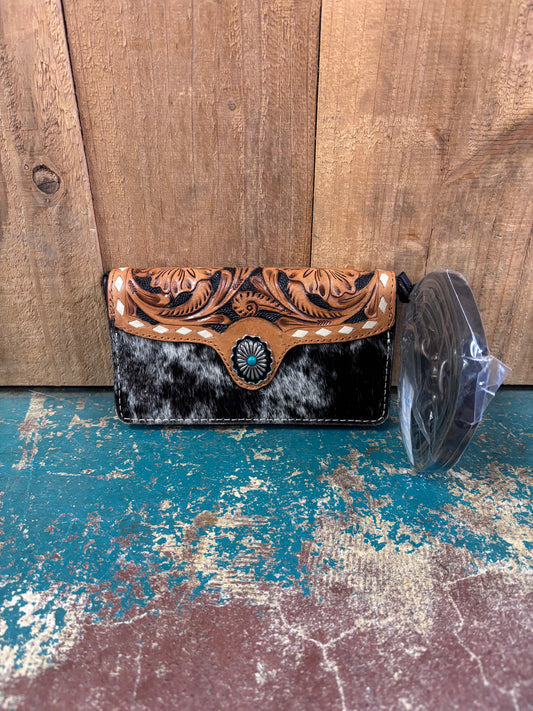 Black And White Cowhide Turquoise Stone Leather Wallet