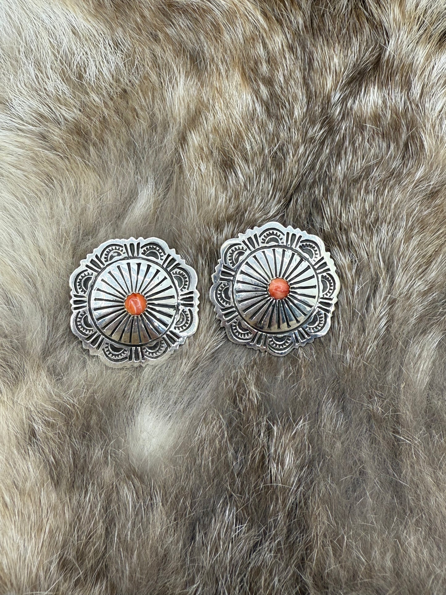 Stamped Concho Earrings with Spiny Oyster by Genevieve Blackgoat, Navajo