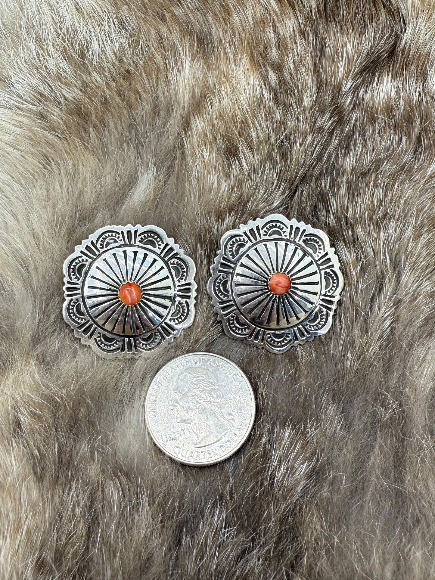 Stamped Concho Earrings with Spiny Oyster by Genevieve Blackgoat, Navajo