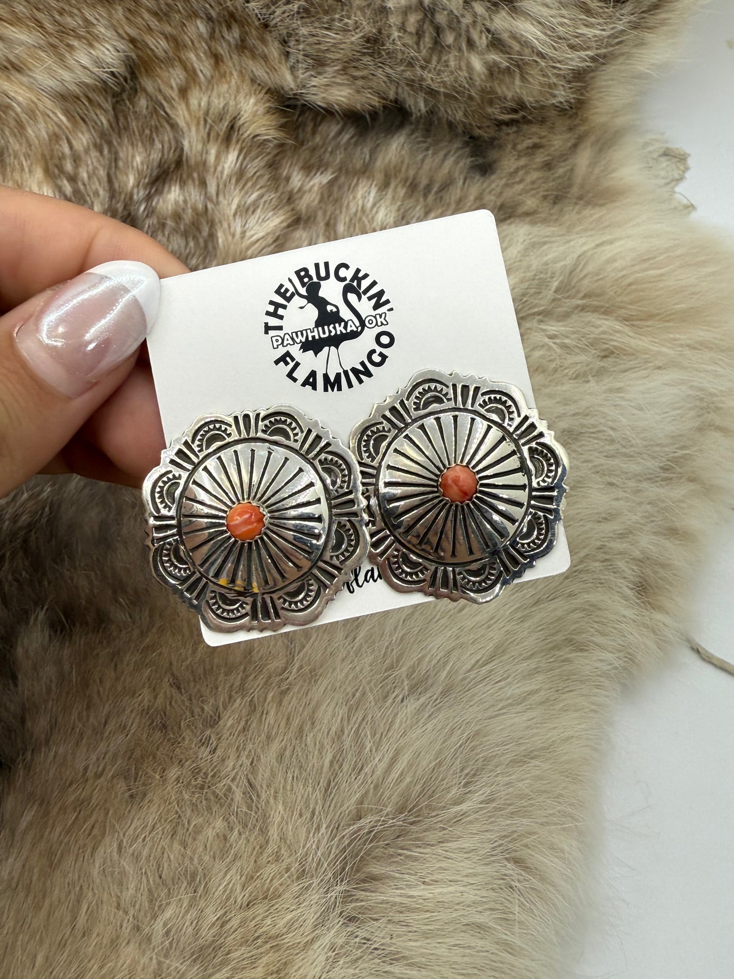 Stamped Concho Earrings with Spiny Oyster by Genevieve Blackgoat, Navajo