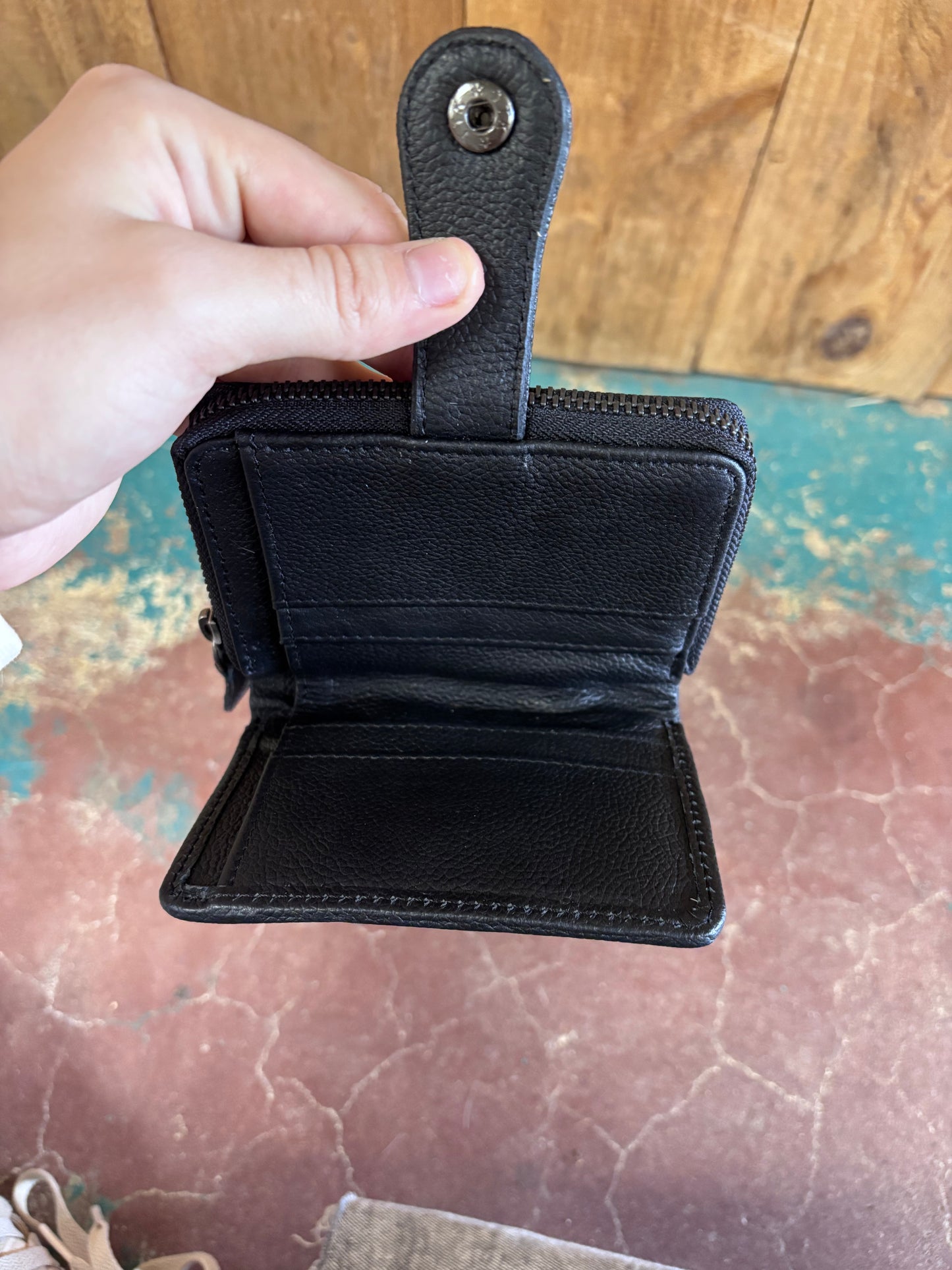 Grey Cowhide Black Leather Wrist Wallet