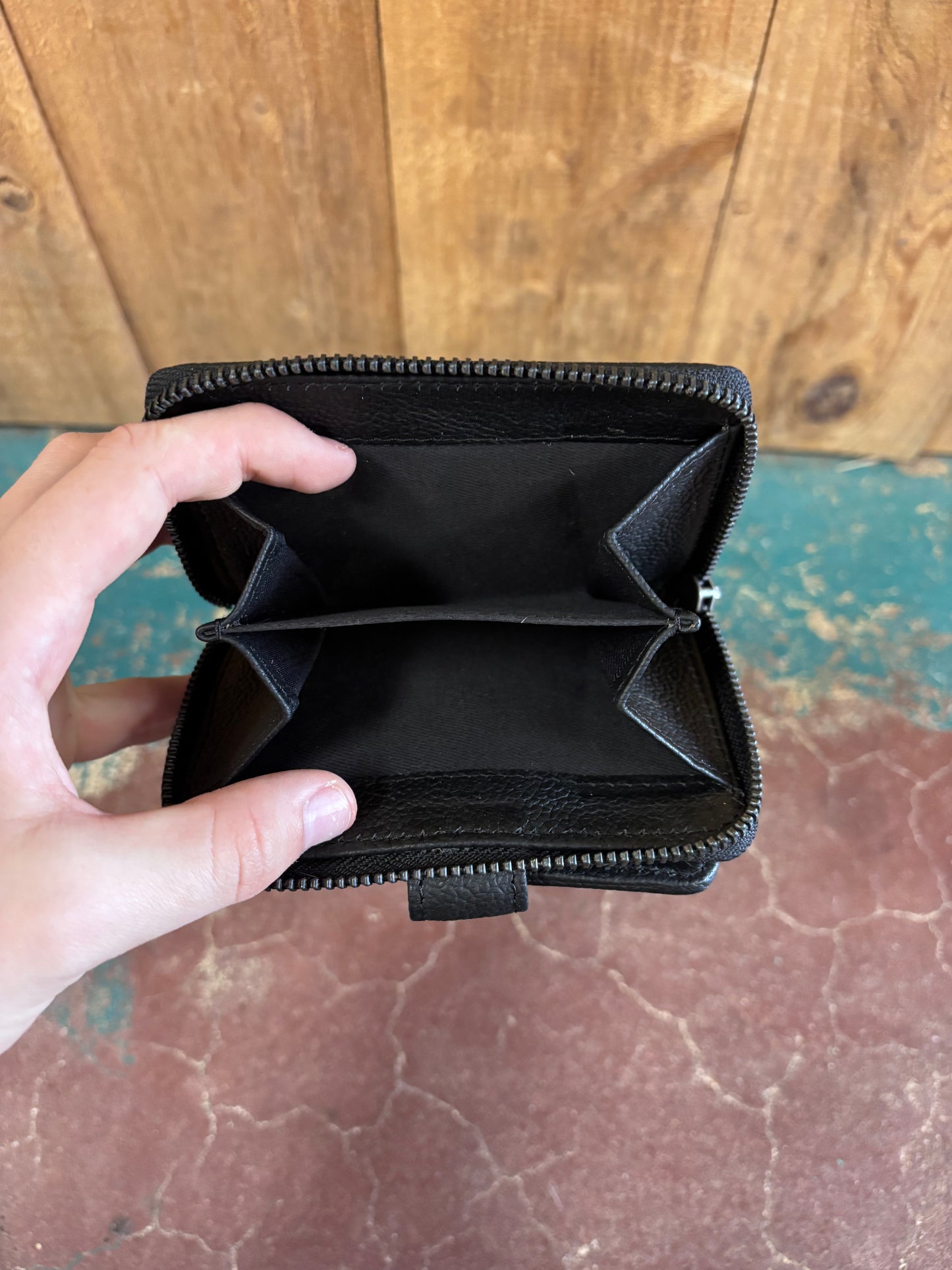 Grey Cowhide Black Leather Wrist Wallet