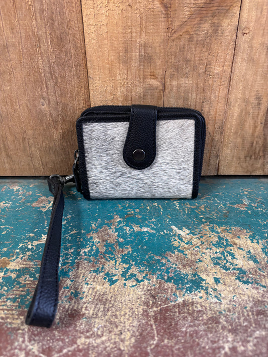 Grey Cowhide Black Leather Wrist Wallet