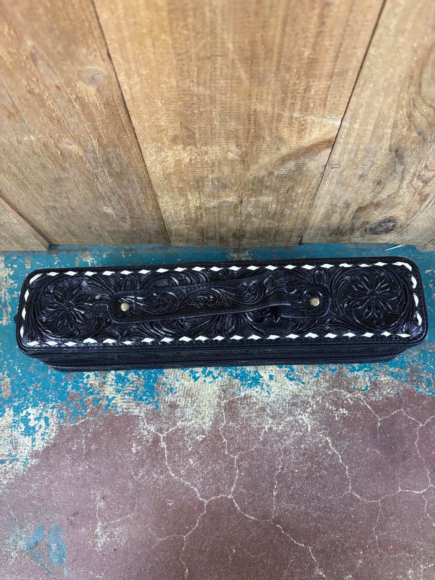 Black Flower Tooled Bracelet Jewelry Box