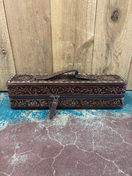 Brown Flower Tooled Bracelet Jewelry Box