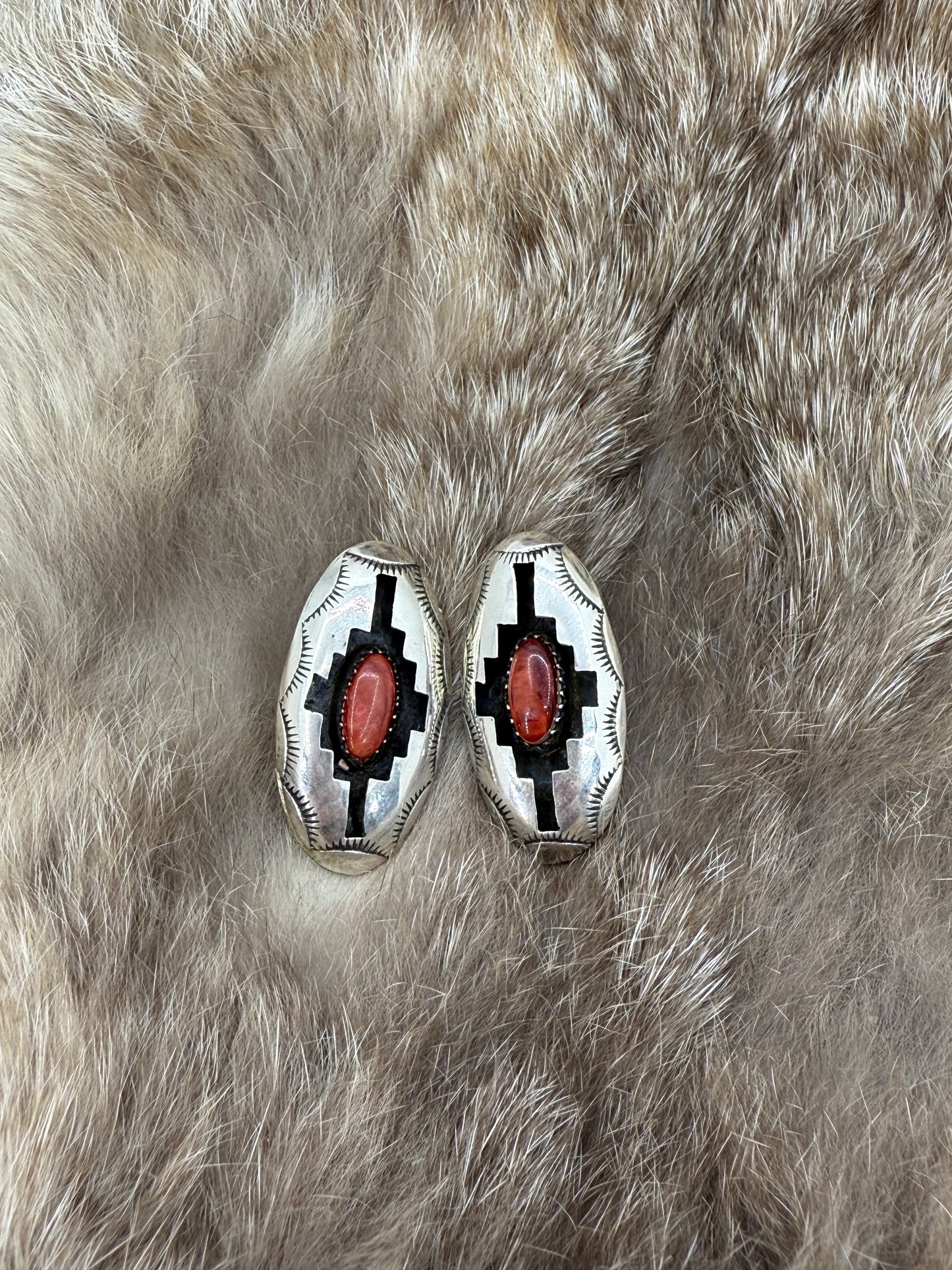 Red Spiny Oyster Shell Shadowbox Earrings by Felix Perry, Navajo