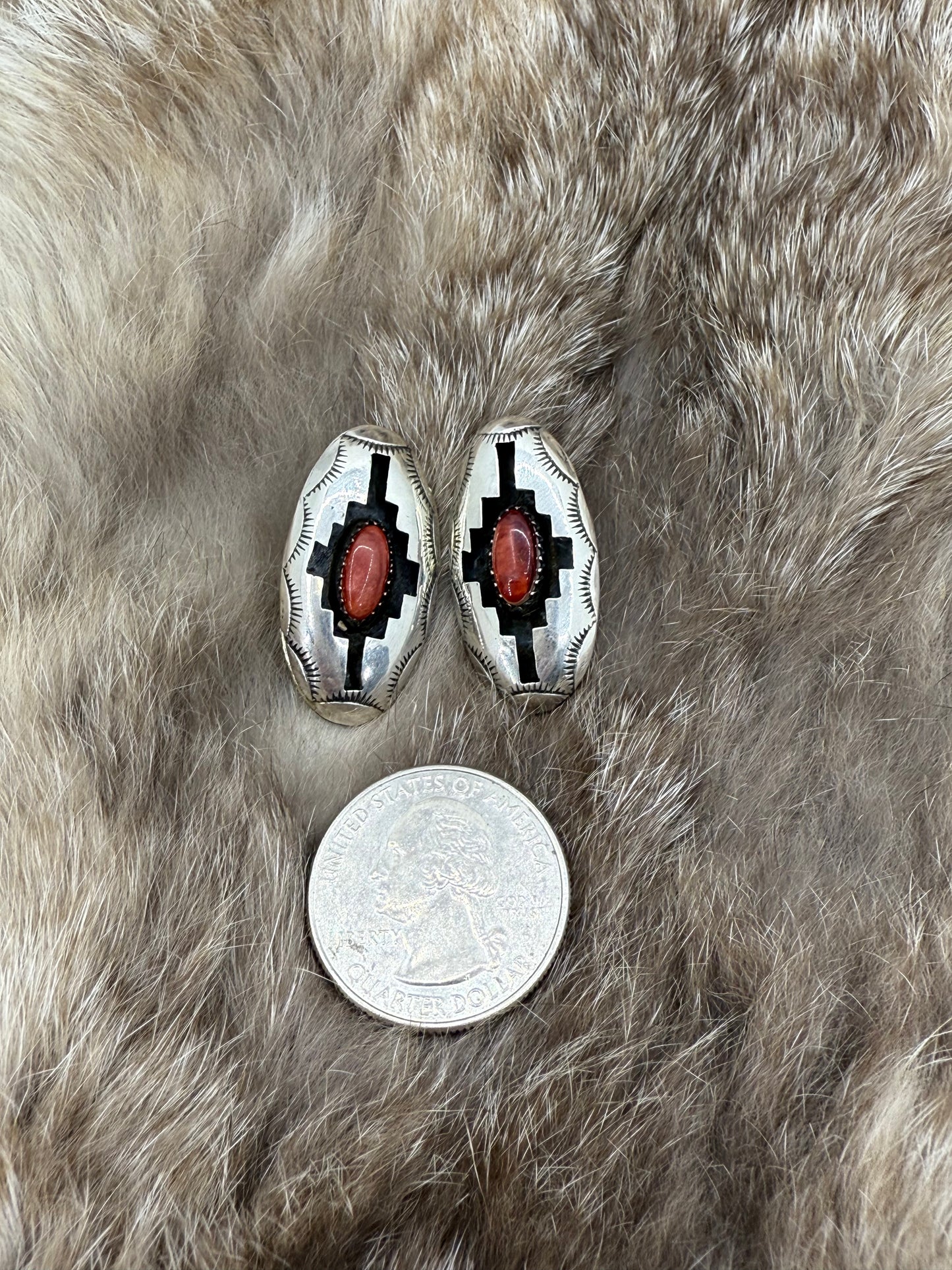Red Spiny Oyster Shell Shadowbox Earrings by Felix Perry, Navajo
