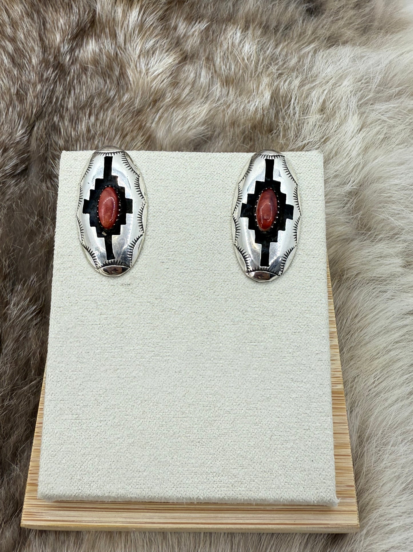 Red Spiny Oyster Shell Shadowbox Earrings by Felix Perry, Navajo
