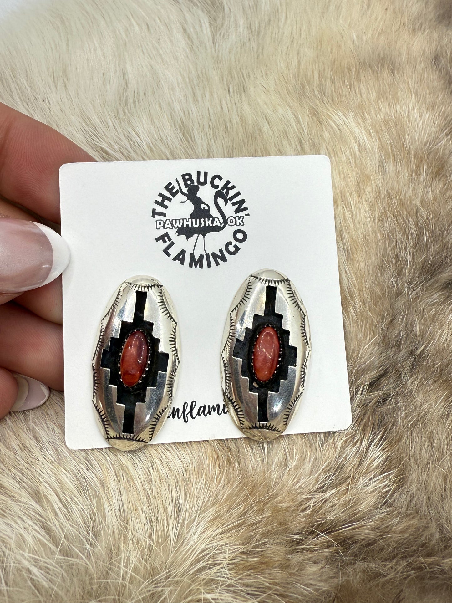 Red Spiny Oyster Shell Shadowbox Earrings by Felix Perry, Navajo