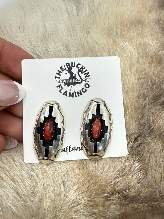 Red Spiny Oyster Shell Shadowbox Earrings by Felix Perry, Navajo