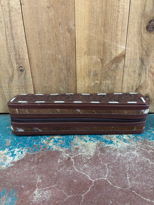Brown Flower Tooled Cowhide Bracelet Jewelry Box