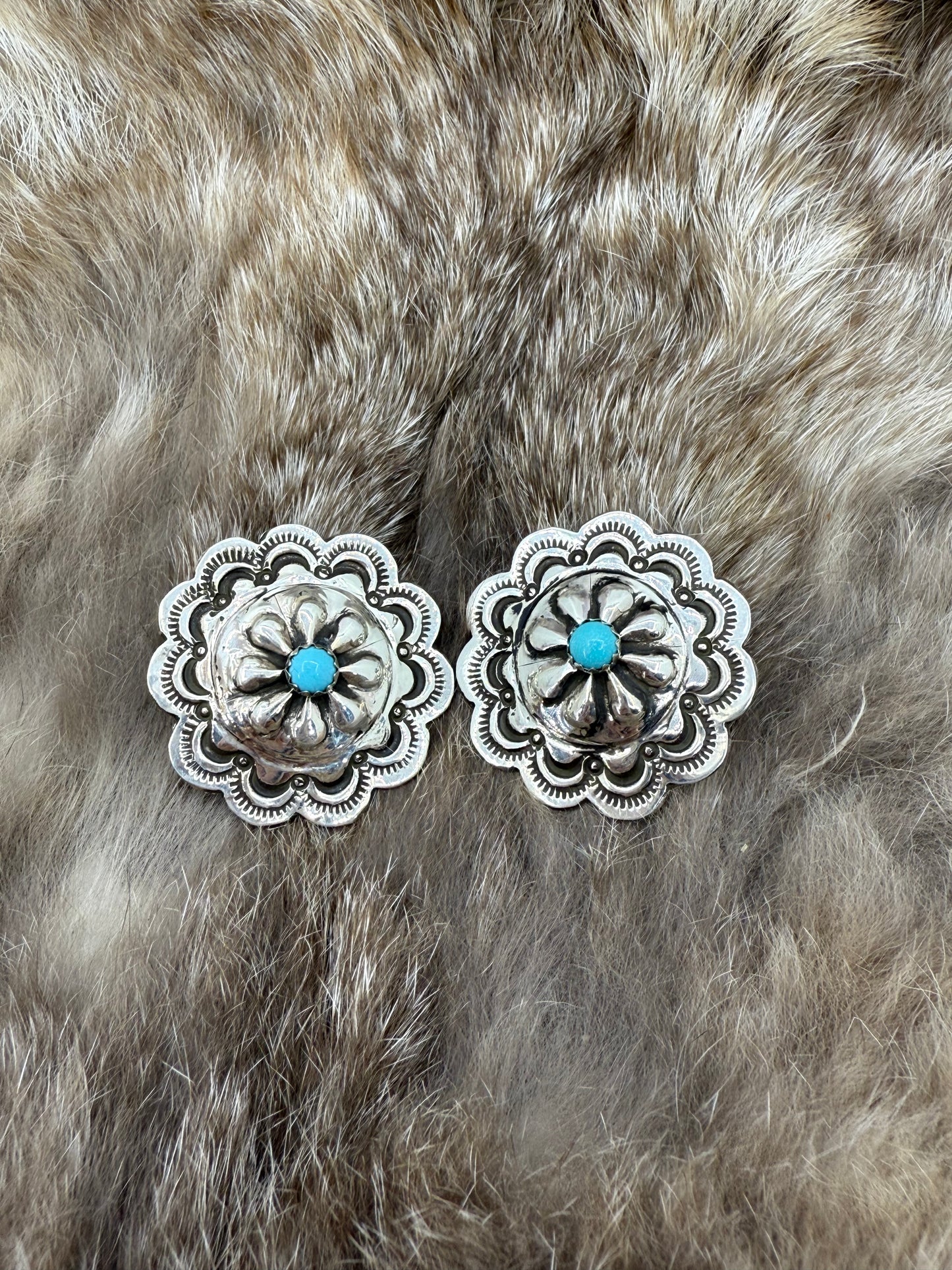 Stamped Concho Earrings with Turquoise by Genevieve Blackgoat, Navajo