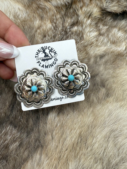 Stamped Concho Earrings with Turquoise by Genevieve Blackgoat, Navajo
