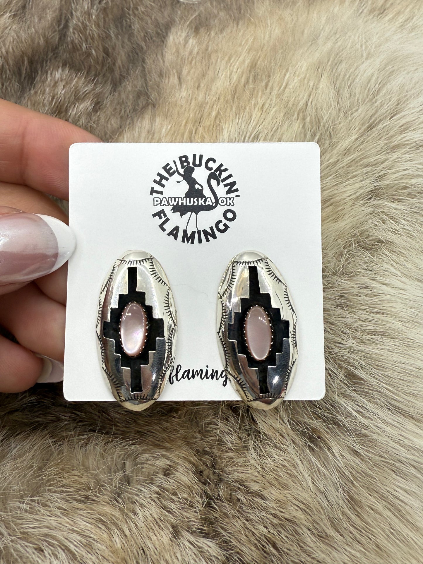 Pink Mother of Pearl Shadowbox Earrings by Felix Perry, Navajo