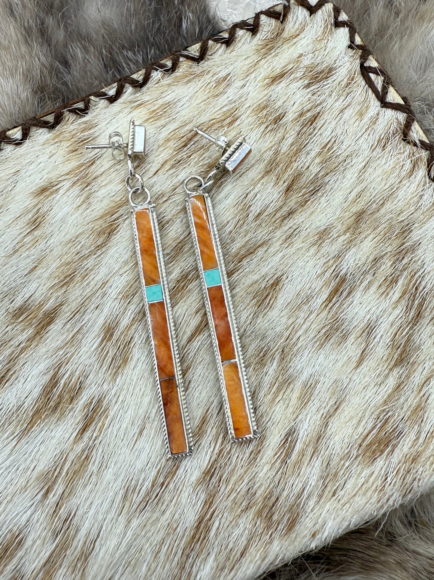 Spiny Oyster Shell & Turquoise Inlay Ling Dangle Earrings by Ricky T. Booqua, Zuni
