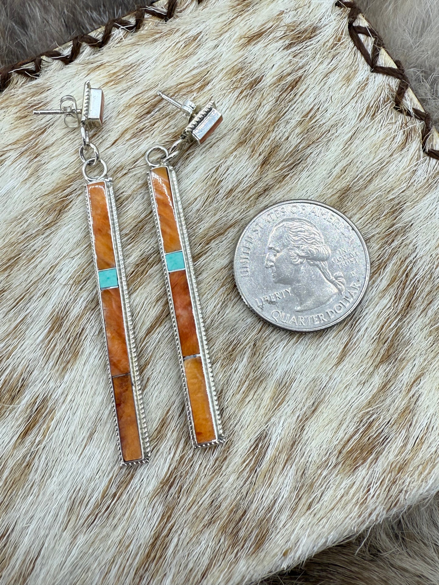 Spiny Oyster Shell & Turquoise Inlay Ling Dangle Earrings by Ricky T. Booqua, Zuni