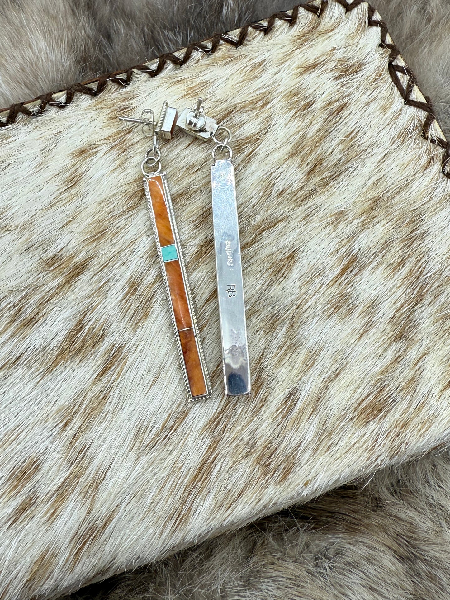Spiny Oyster Shell & Turquoise Inlay Ling Dangle Earrings by Ricky T. Booqua, Zuni