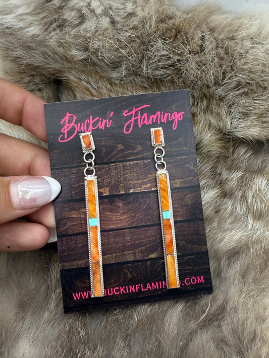 Spiny Oyster Shell & Turquoise Inlay Ling Dangle Earrings by Ricky T. Booqua, Zuni