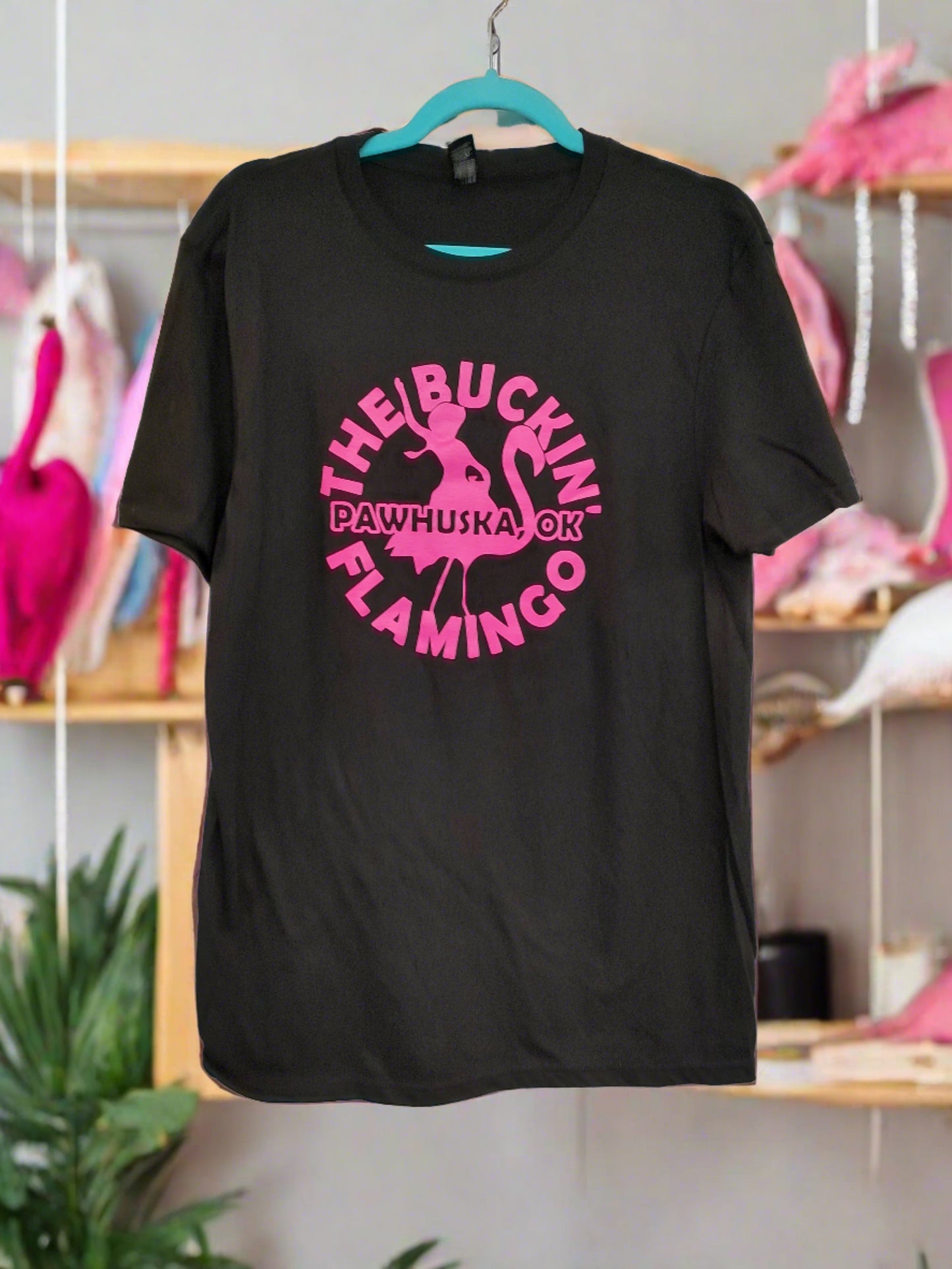 Hot Pink Buckin' Flamingo Logo on a Black Shirt