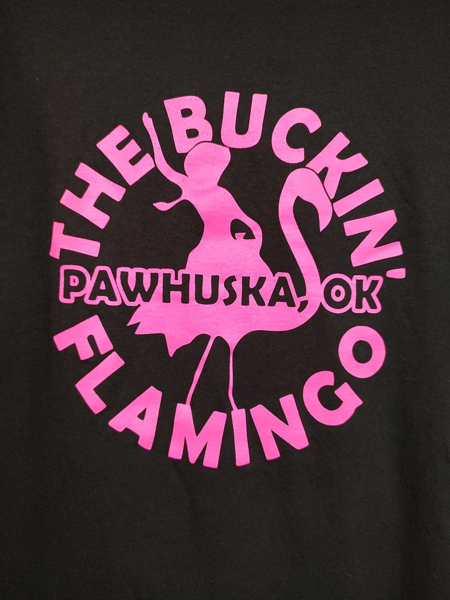 Hot Pink Buckin' Flamingo Logo on a Black Shirt