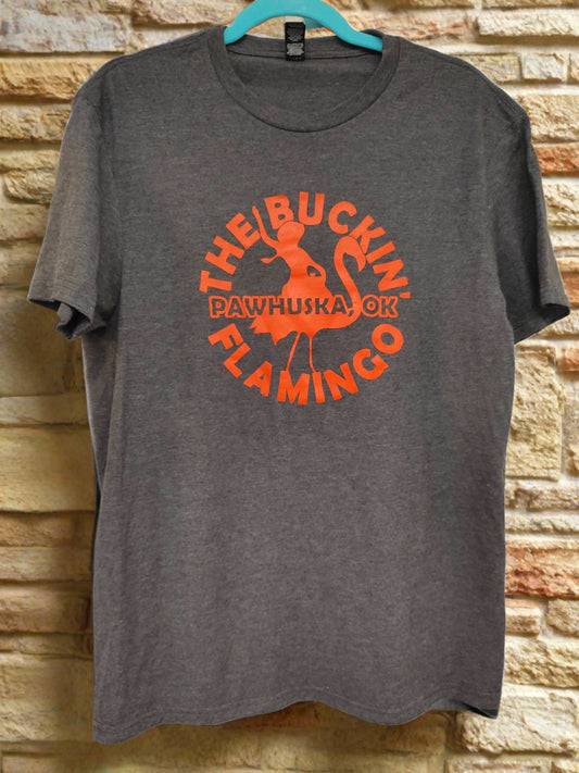 Orange Buckin' Flamingo Logo on a Grey/Black Shirt