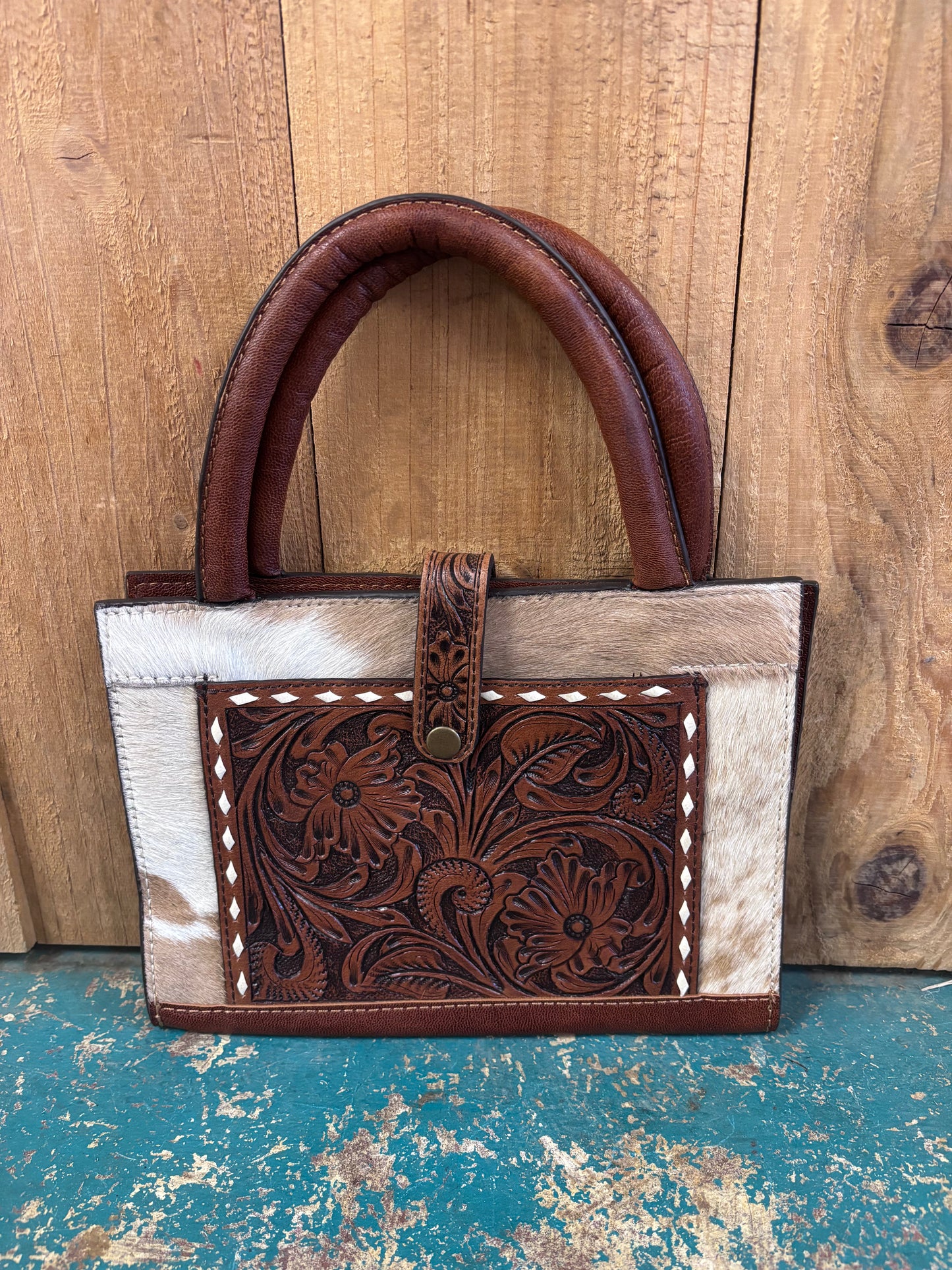 Brown And White Cowhide Tooled Portable Bible Cover