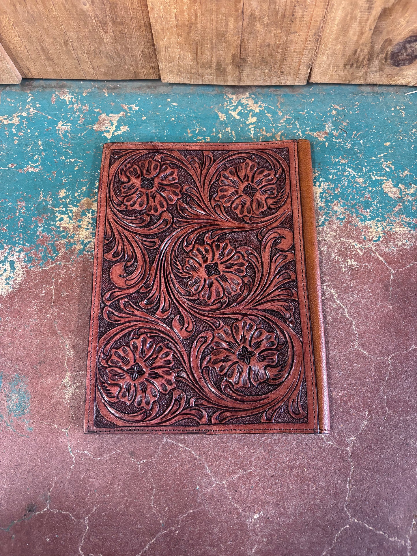 Black And Tan Cowhide Burnt Red Tooled Bible Cover