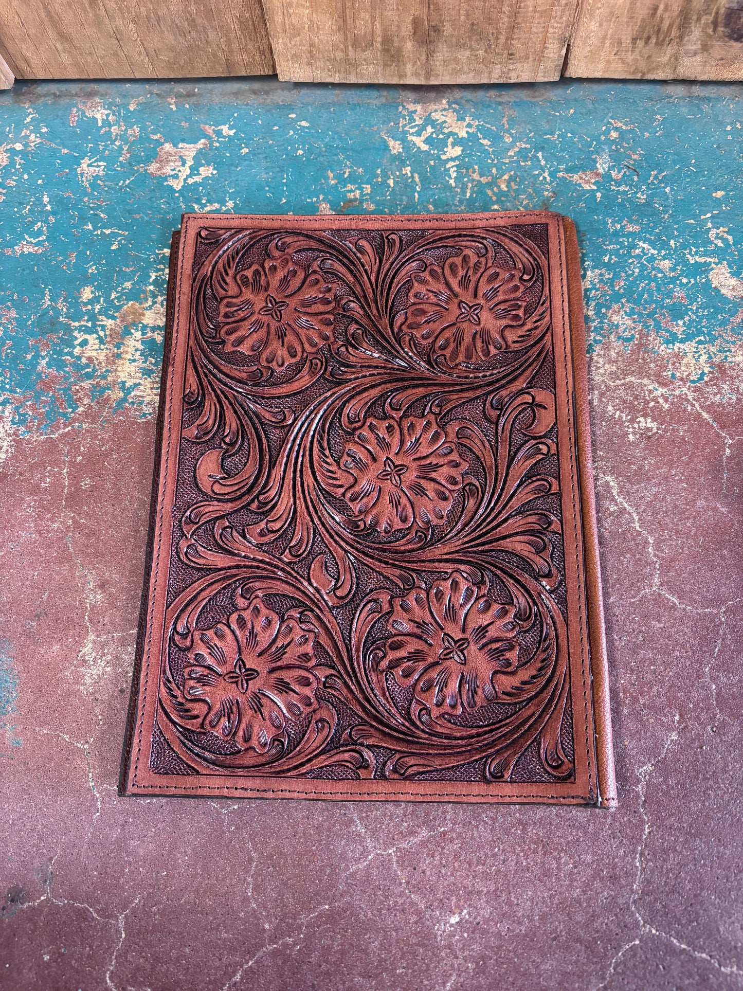 Black Cowhide Burnt Red Tooled Bible Cover
