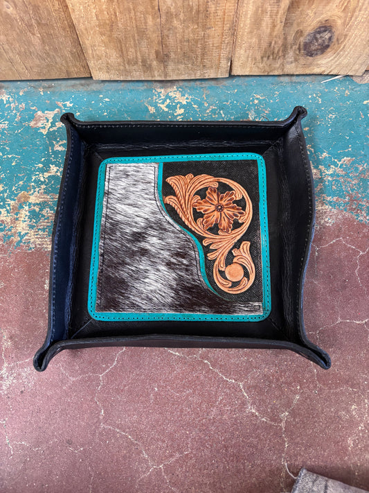 Turquoise Outlined Flower Tooled Cowhide Jewelry Tray