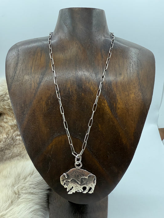 Buffalo Pendant by Vrick Laweka, Zuni with 18" Handmade Paperclip Chain by Sally Shurley, Navajo
