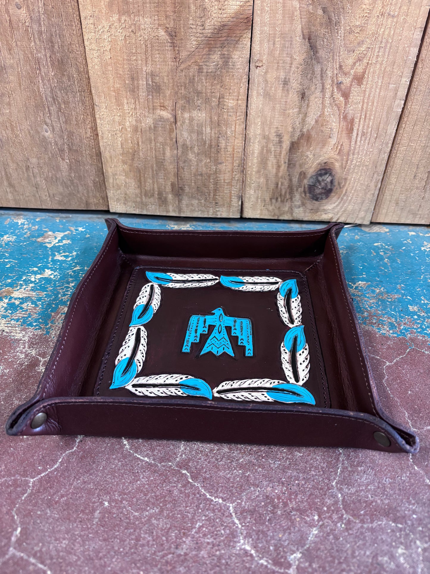 Turquoise Bird/Feather Tooled Jewelry Tray