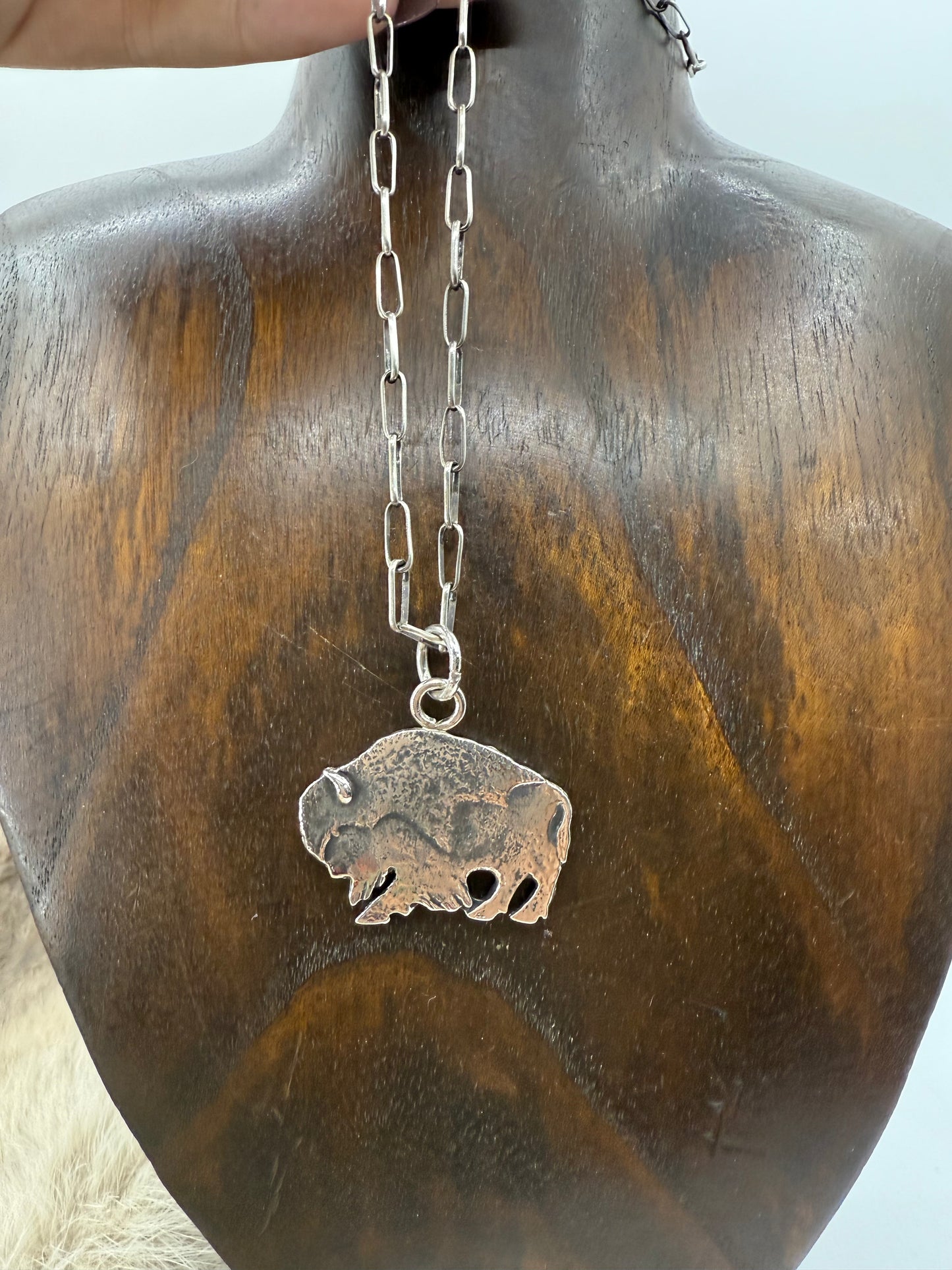 Buffalo Pendant by Vrick Laweka, Zuni with 18" Handmade Paperclip Chain by Sally Shurley, Navajo