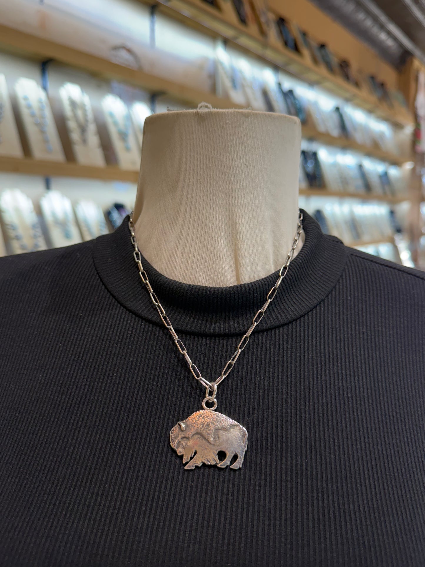 Buffalo Pendant by Vrick Laweka, Zuni with 18" Handmade Paperclip Chain by Sally Shurley, Navajo