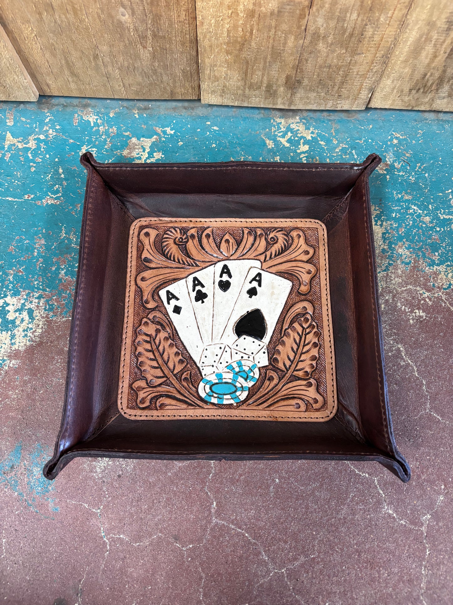 Aces Suit of Cards Leather Tooled Jewelry Tray