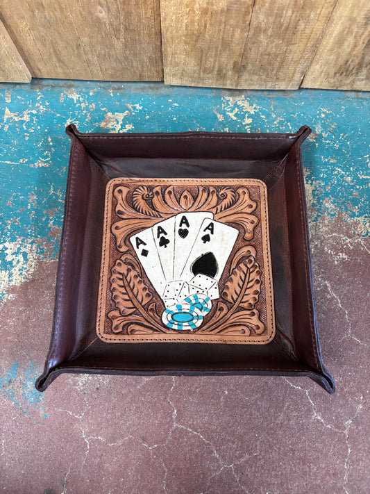 Aces Suit of Cards Leather Tooled Jewelry Tray