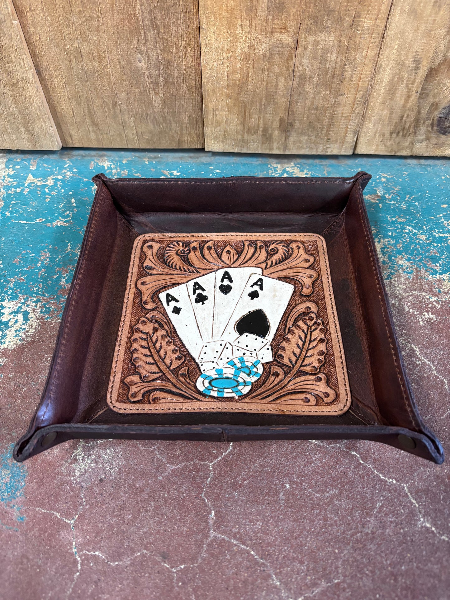 Aces Suit of Cards Leather Tooled Jewelry Tray