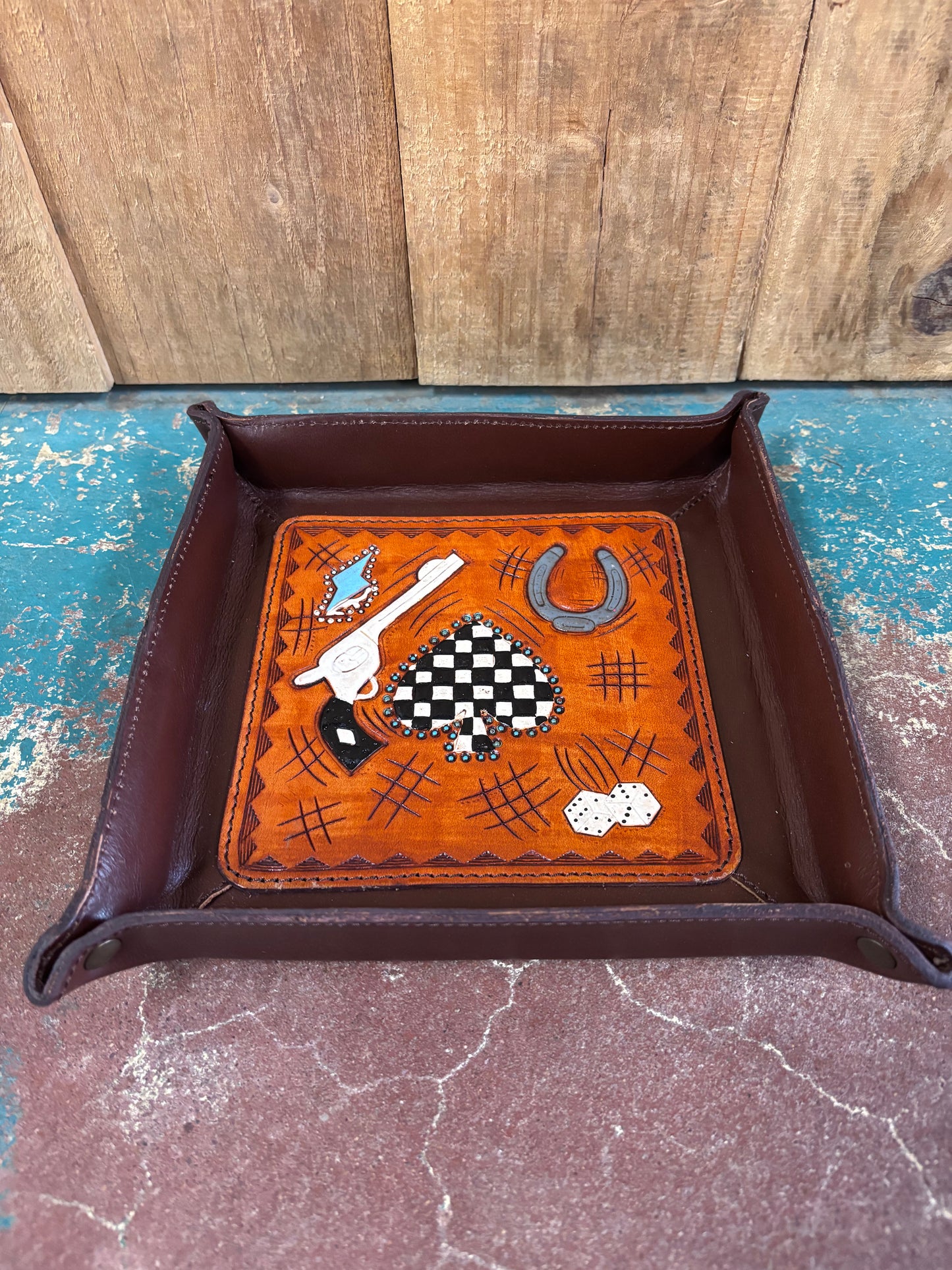 Pistol Checkered Spade Tooled Jewelry Tray