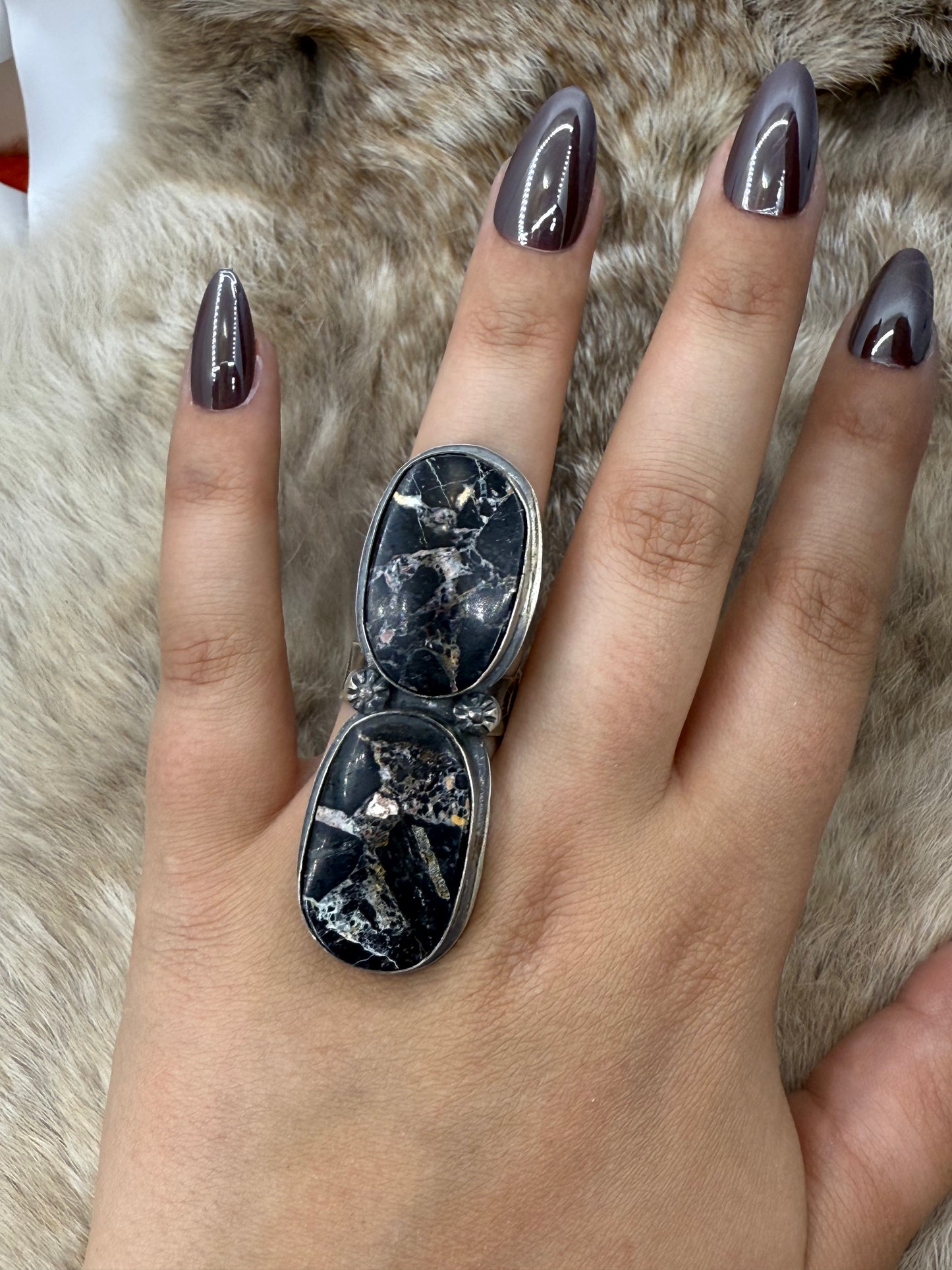 9.0 White Buffalo 2 Stone Ring by Gilbert Platero, Navajo