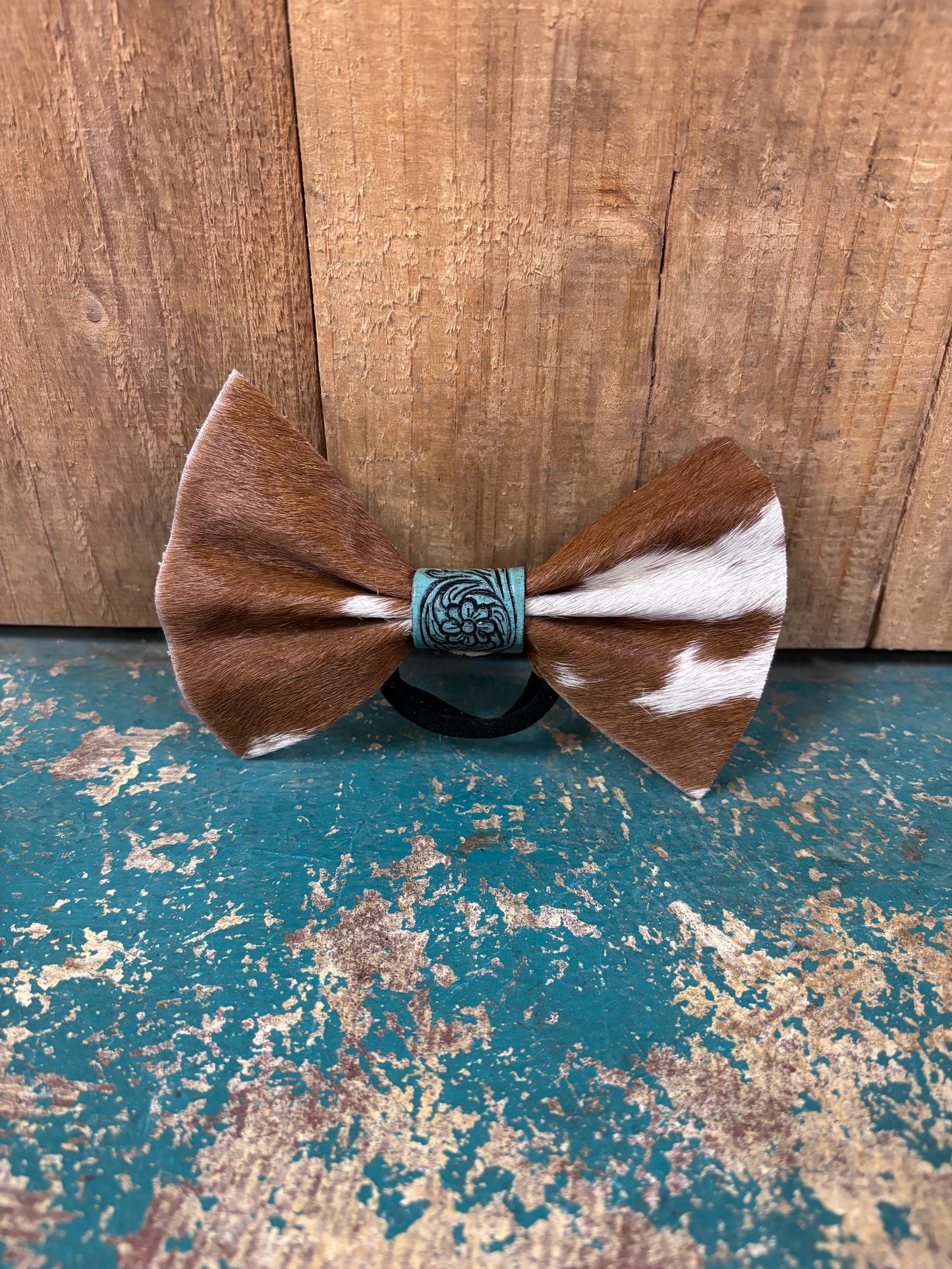 White And Brown Cowhide Turquoise Hairbow