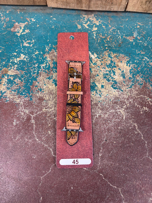Light Brown Leather Sunflower Tooled Watchband