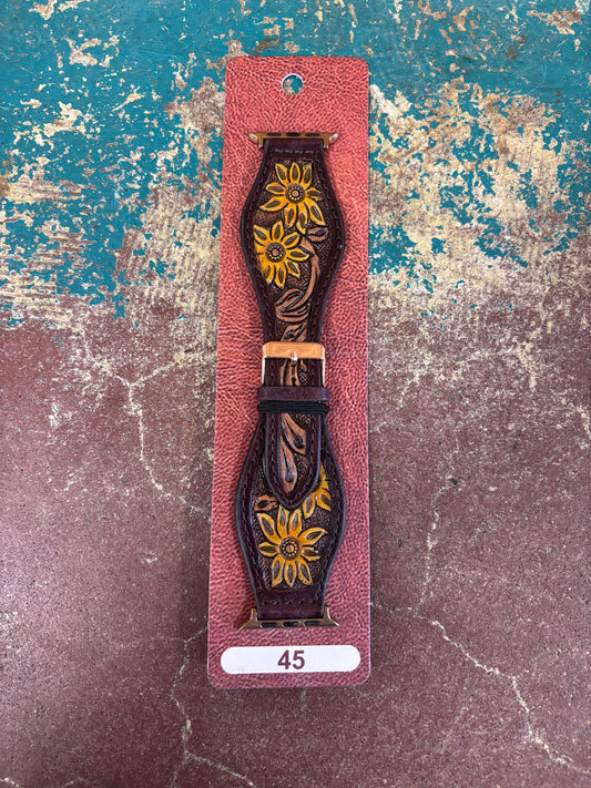 Dark Brown Leather Sunflower Tooled Watchband