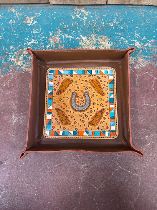 Grey Horseshoe/ Lightning Bolt Tooled Jewelry Tray