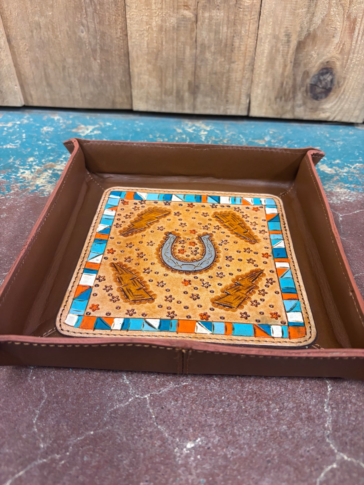 Grey Horseshoe/ Lightning Bolt Tooled Jewelry Tray