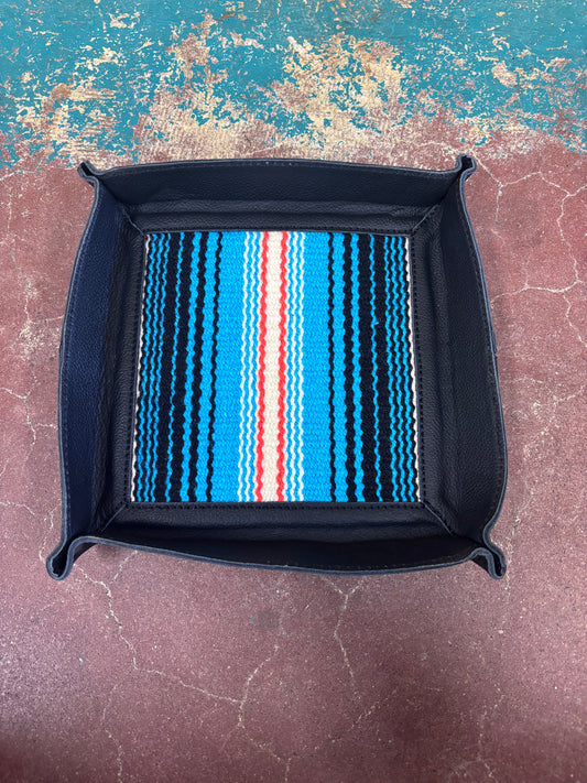 Black Leather Blue and Orange Inlay Jewelry Tray