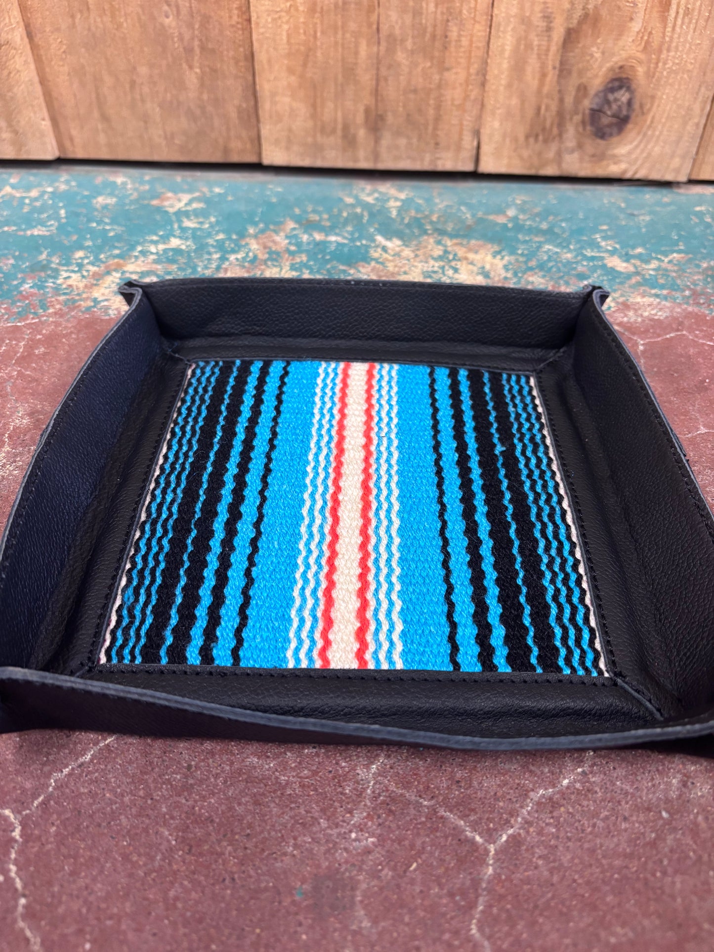 Black Leather Blue and Orange Inlay Jewelry Tray