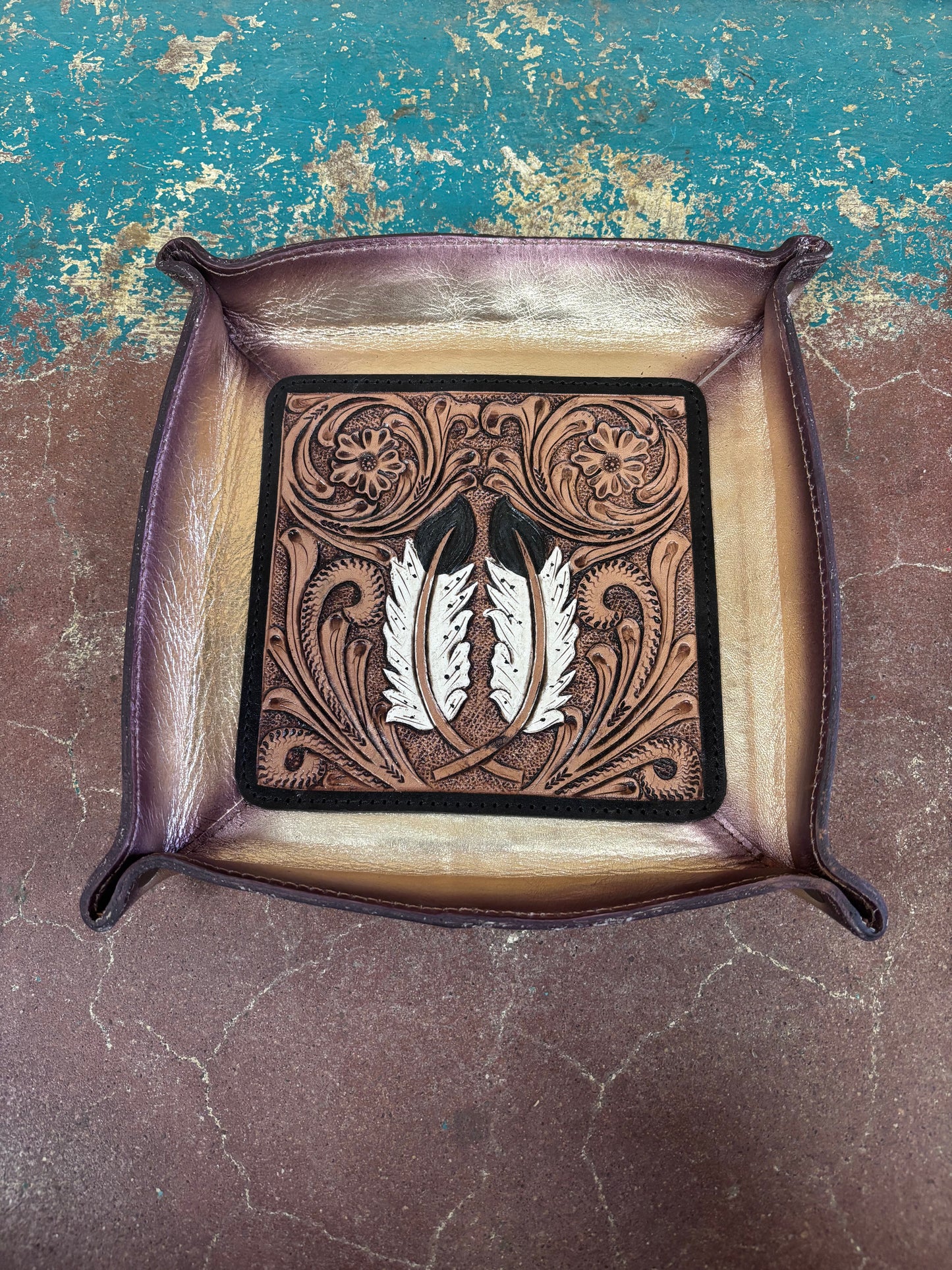 Gold Leather Feather Tooled Jewelry Tray