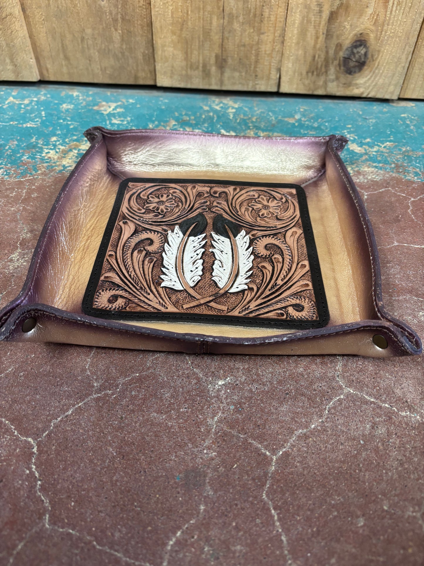 Gold Leather Feather Tooled Jewelry Tray