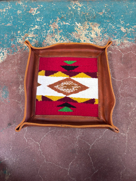 Red- Brown Leather Red And White Inlay Jewelry Tray
