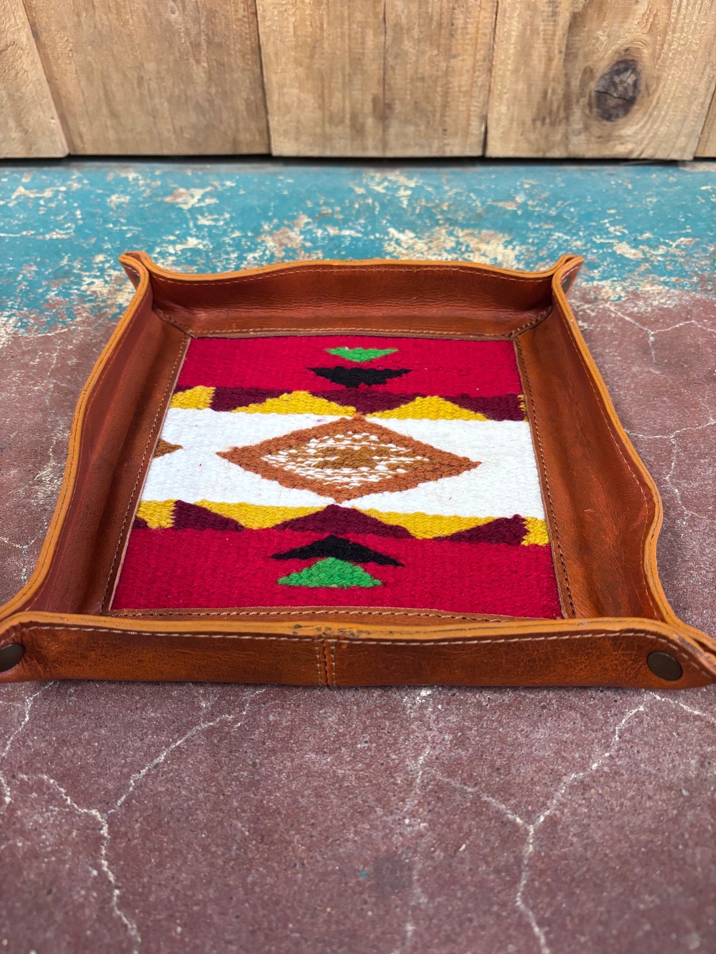 Red- Brown Leather Red And White Inlay Jewelry Tray