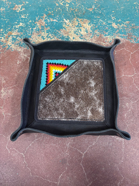 Black Leather Grey Cowhide Beaded Corner Jewelry Tray